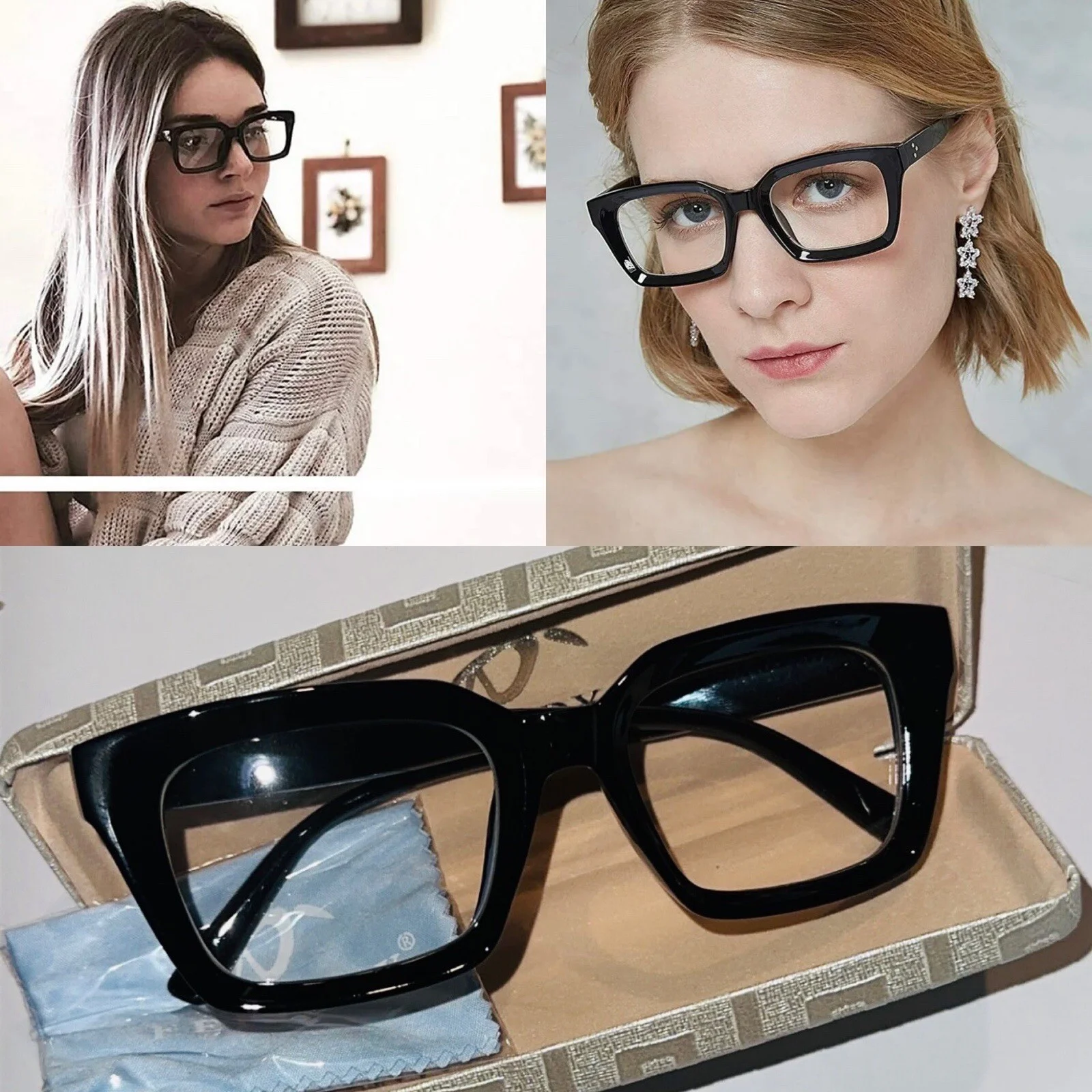 Feisedy Women’s Square Frame glasses- Black frame with Carry case